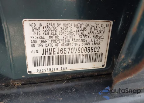 1997 Honda Civic Lx z USA, uszkodzony, nr VIN JHMEJ6570VS008802